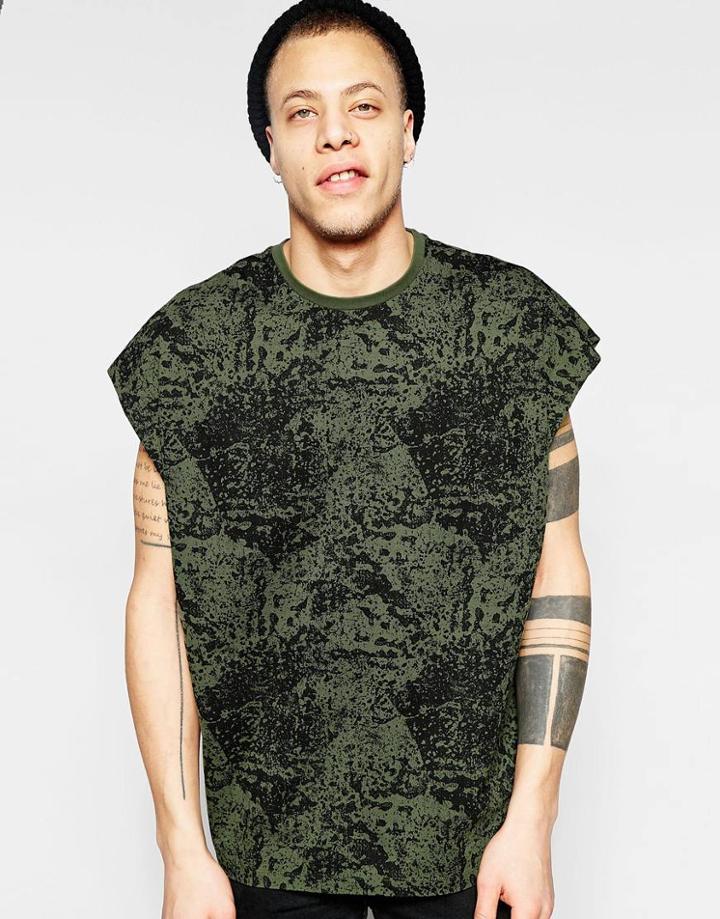 Asos Super Oversized T-shirt With Splash Print And Wide Neck Trim In Khaki - Thyme