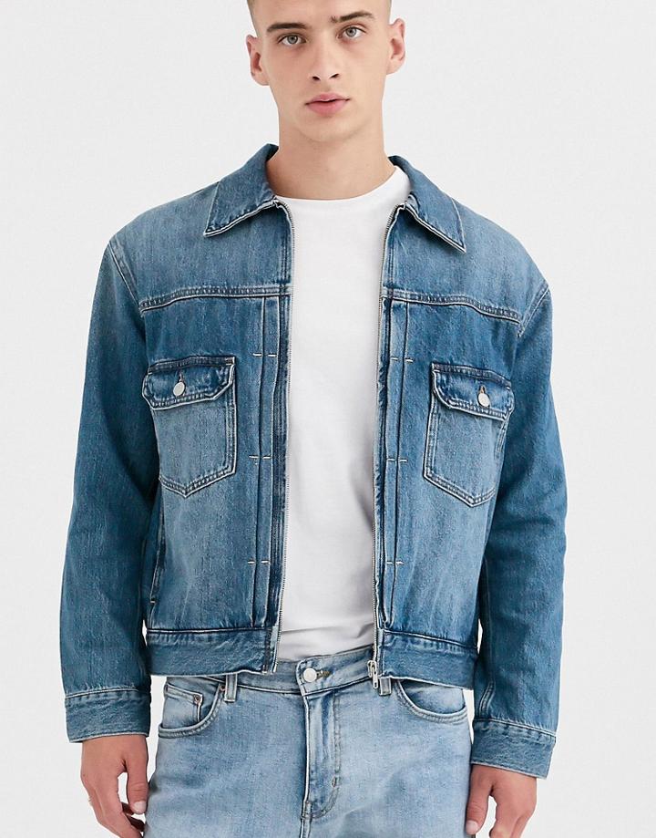 Weekday Zip Denim Jacket In Indigo Blue