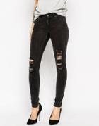 Asos Lisbon Skinny Midrise Jeans In Washed Black With Shredded Rips - Gray