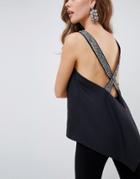 Asos Design Open Back Top With Embellished Straps - Black