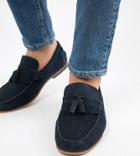 Asos Design Wide Fit Tassel Loafers In Navy Suede With Fringe And Natural Sole - Navy