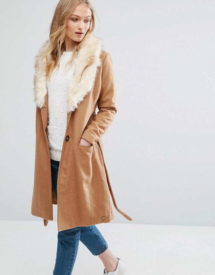 Bellfield Belted Wool Blend Coat With Faux Fur Collar - Brown