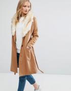 Bellfield Belted Wool Blend Coat With Faux Fur Collar - Brown