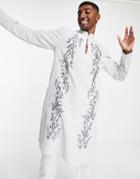 Asos Design Kurta Longline Shirt With Embroidery In Blue Linen Mix