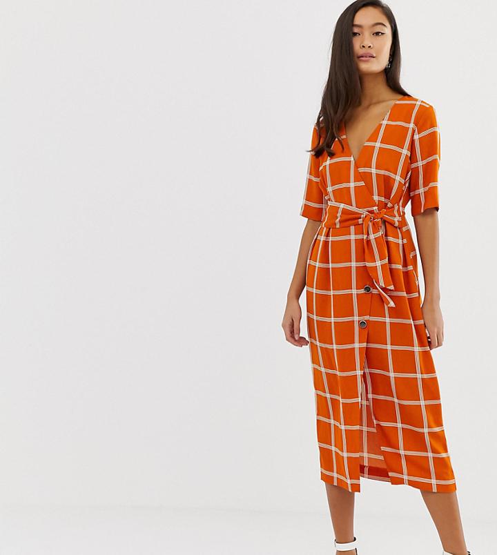 Miss Selfridge Midi Wrap Dress In Check