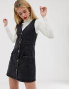 Asos Design Denim Button Through V Neck Mini Pinifore Dress - Black