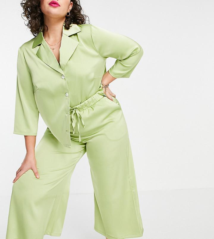Fashion Union Plus Relaxed Wide Leg Matching Pants In Lime Satin-green