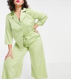 Fashion Union Plus Relaxed Wide Leg Matching Pants In Lime Satin-green