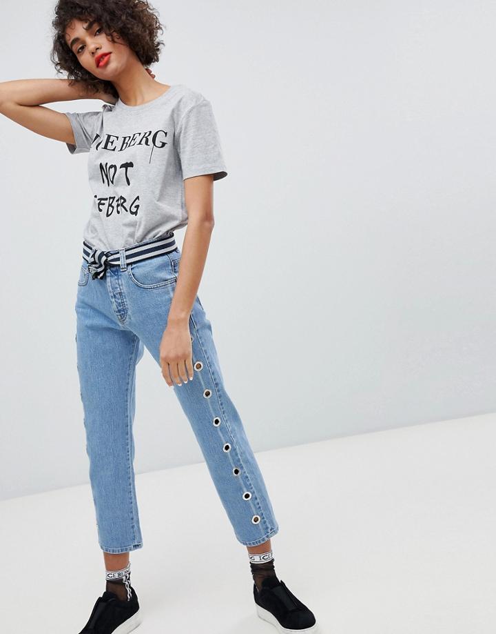 Iceberg Eyelet Side Seam Crop Straight Leg Jeans-blue