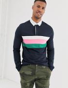 Asos Design Long Sleeve Rugby Polo Shirt In Heavyweight Jersey With Color Block In Navy