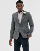 Asos Design Harris Tweed Slim Blazer With Wool Herringbone In Gray