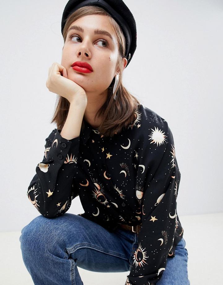 Asos Design Cropped Shirt In Moon And Star Print - Multi