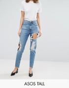 Asos Tall Original Mom Jean In Phoebe Wash With Rips & Stepped Hem - Blue