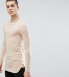Asos Design Tall Longline Long Sleeve Muscle Polo With Bound Curved Hem - Beige