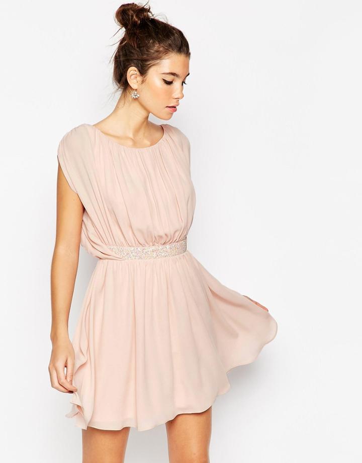 Asos Embellished Waist Mini Skater Dress - Nude