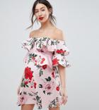 Asos Design Maternity Floral Ruffle Shift Off Shoulder Mini Dress - Multi
