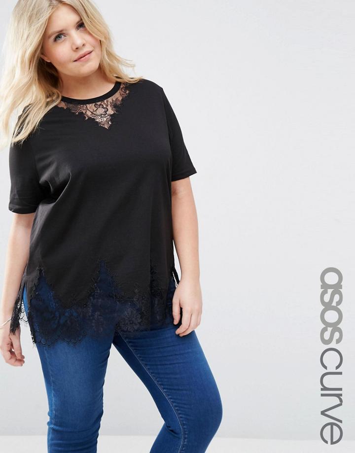 Asos Curve Lace Mix Longline T-shirt - Black
