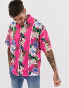 Asos Design Oversized Revere Polo With Floral Print And Sequin Stripes - Pink