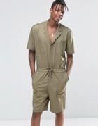 Asos Slim Short Boiler Suit With Military Styling In Khaki - Burnt Olive