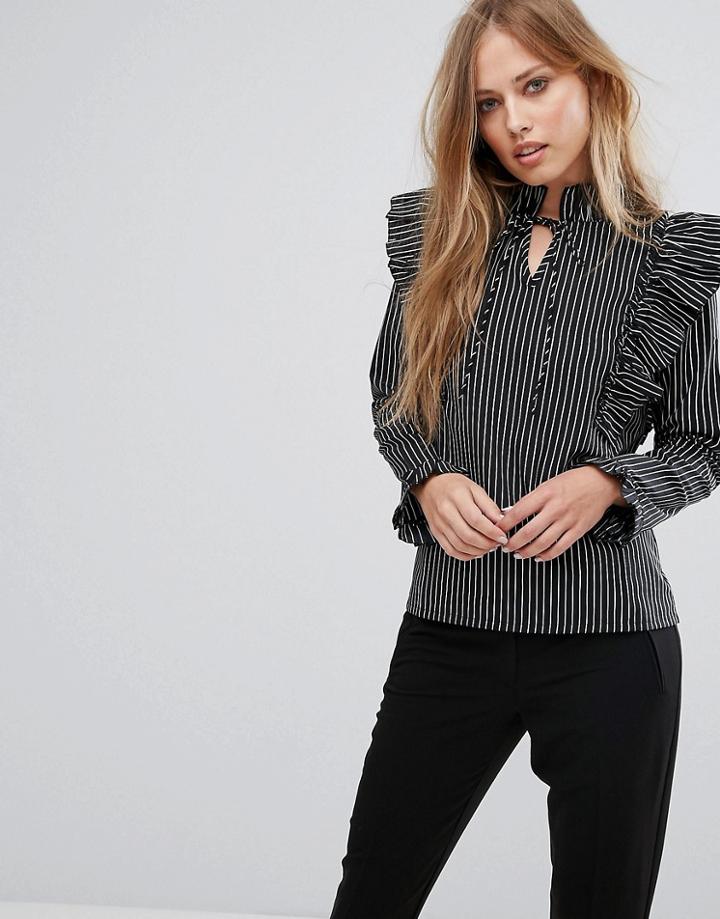 Liquorish Stripe Frill Blouse - Black