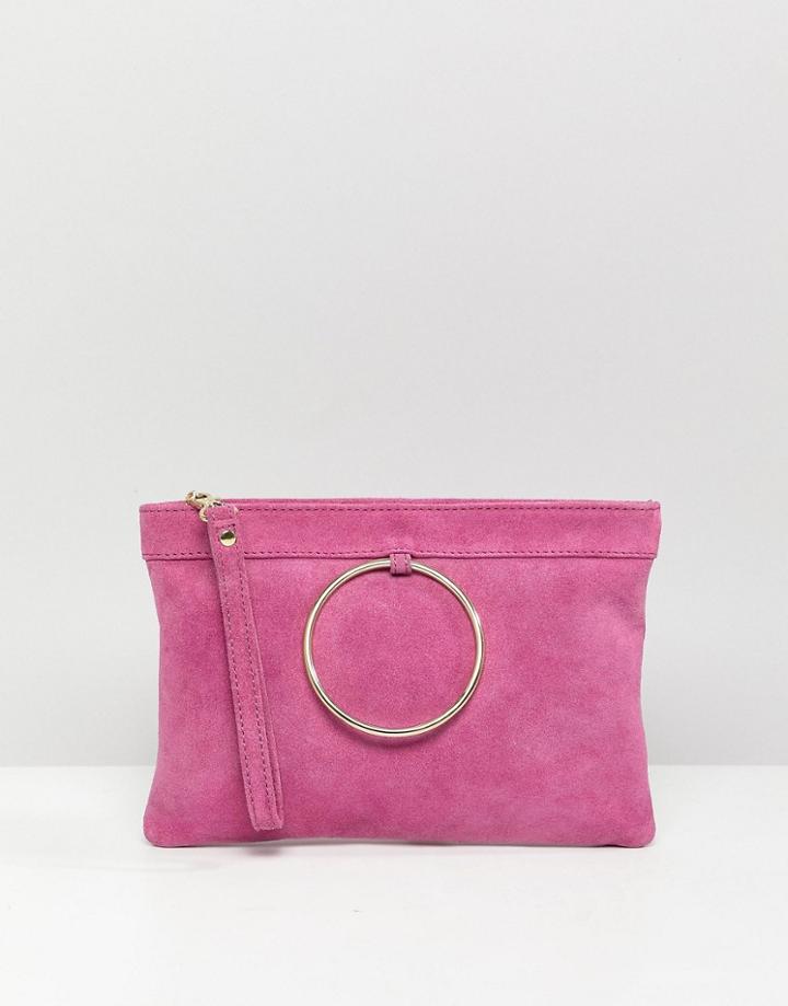 Asos Design Zip Top Suede Clutch Bag With Ring Detail-pink