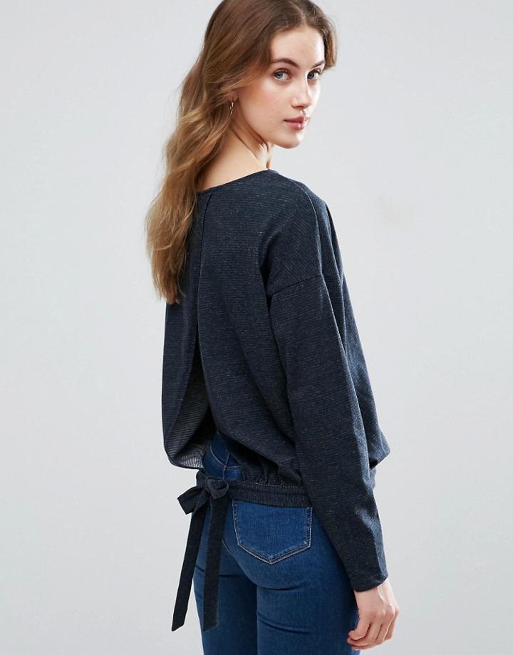 Vila Denim Sweat Top With Tie Back - Navy