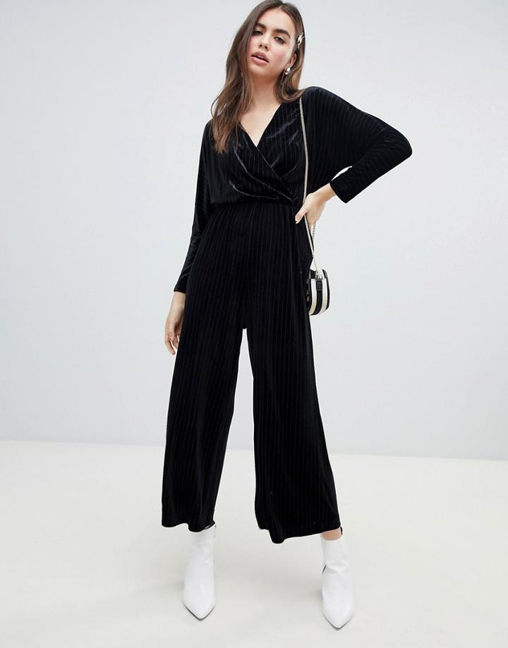 Monki Velvet Wrap Front Jumpsuit In Black Stripe - Black