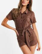 Missguided Terry Romper With Collar In Brown