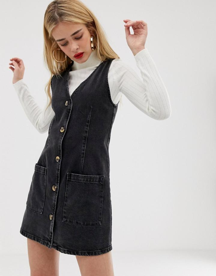 Asos Design Denim Button Through V Neck Mini Pinifore Dress-black