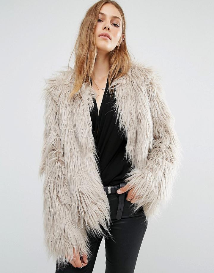 Qed London Cropped Shaggy Faux Fur Coat - Gray