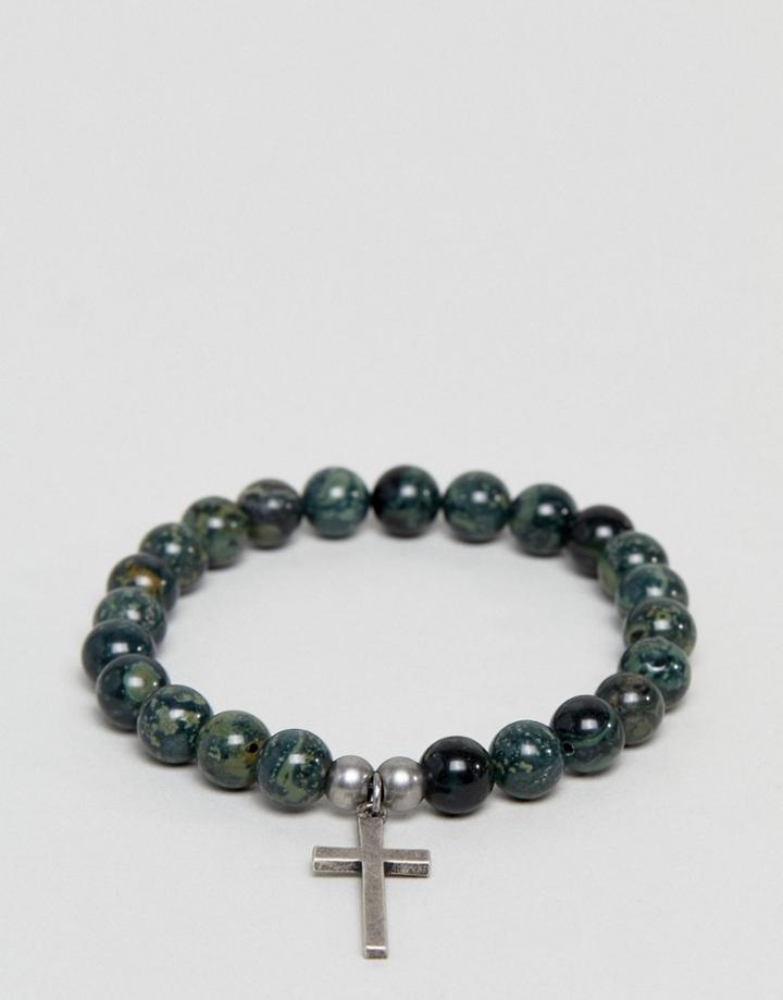 Seven London Green Beaded Bracelet With Cross Charm - Green