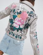 Asos Premium Leather Jacket With Tattoo Rose Print And Studs - Gray