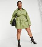 Public Desire Curve Utility Shirt Dress In Olive-green