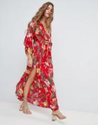 Love & Other Things Floral Wrap Front Tie Dress - Red