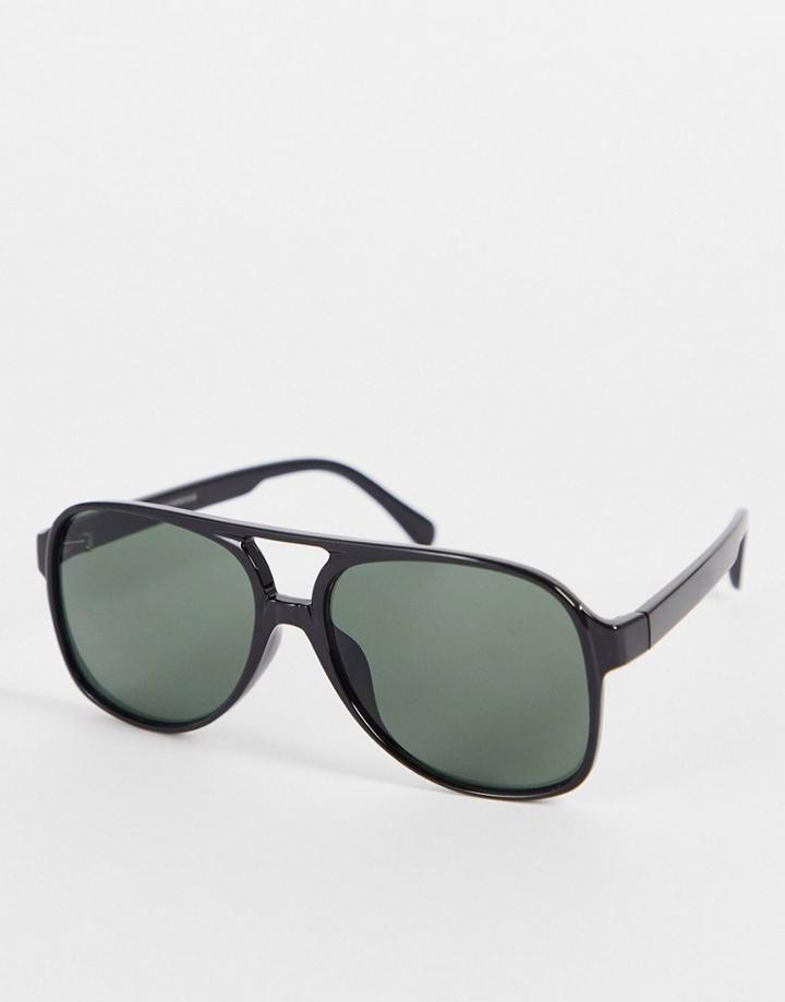Madein Classic Aviator Sunglasses In Black With Green Lens