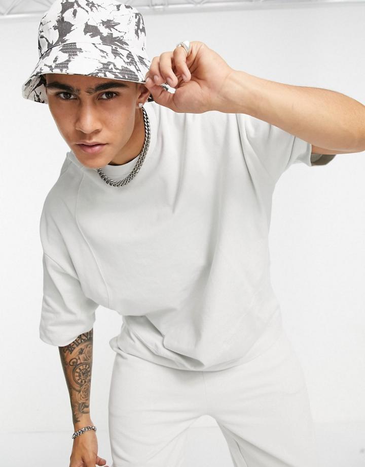 Asos Design Set Oversized T-shirt With Wavy Stitch Detail In Light Gray-grey