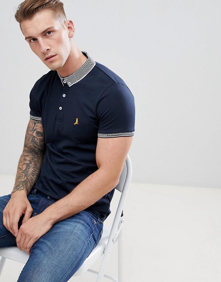 Brave Soul Striped Collar Polo Shirt - Navy
