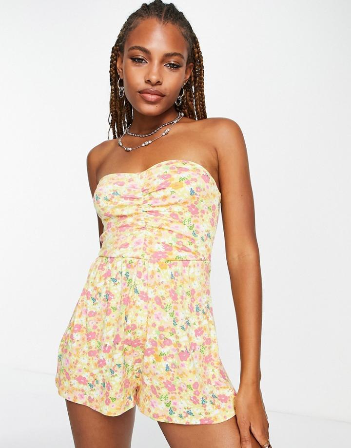 Bershka Strapless Romper In Bold Floral-multi