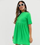 Asos Design Petite Roll Sleeved Rib Jersey Smock Dress-green