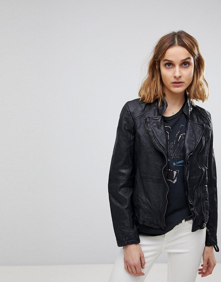 Muubaa Kendyll Weathered Upturned Collar Leather Biker Jacket - Black