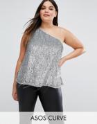 Asos Curve One Shoulder Tunic In Sequin - Silver