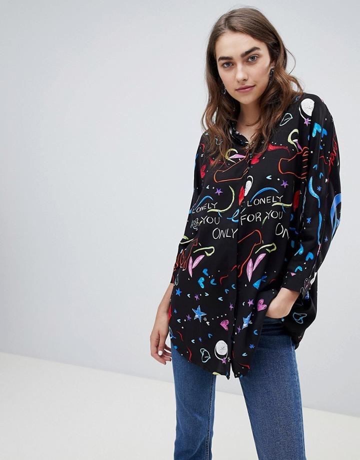 Asos Design Oversized Shirt In Abstract Satellite Print - Multi