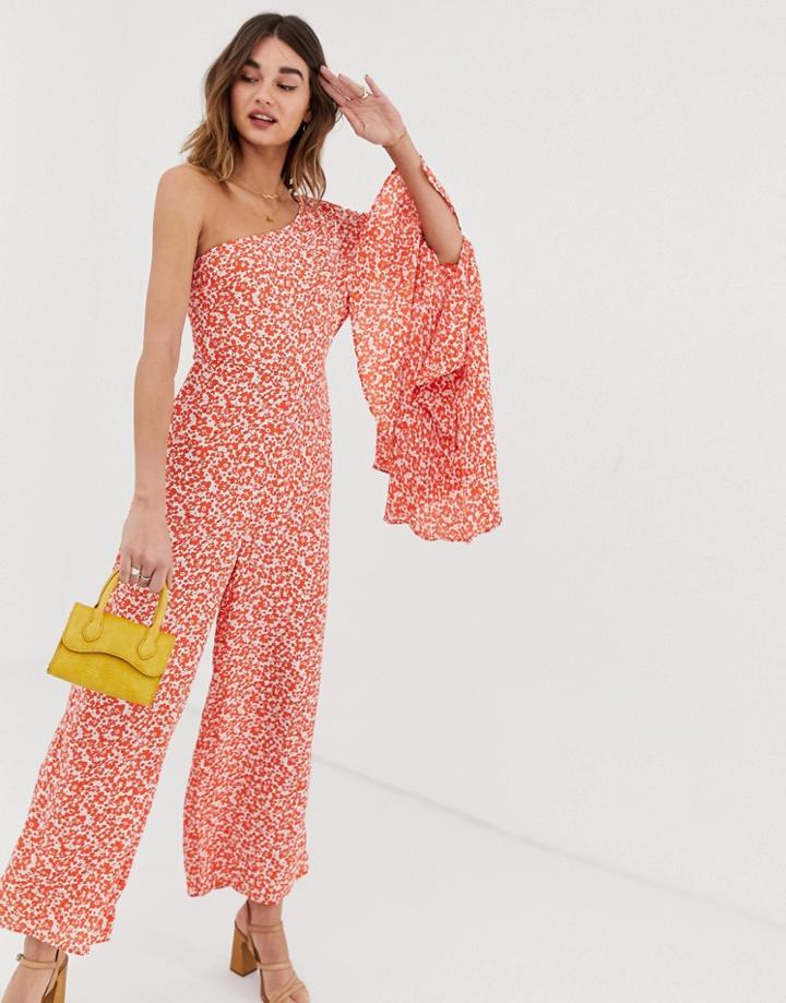 Lost Ink Asymmetric Jumpsuit With Flared Sleeve In Vintage Ditsy - Orange
