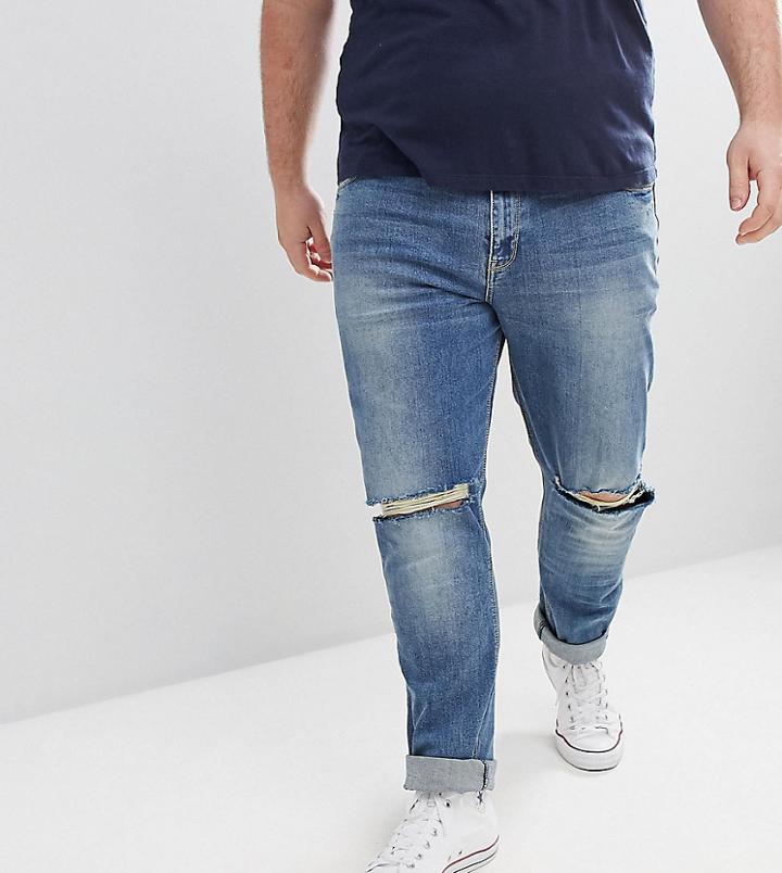 Asos Design Plus Skinny Jeans In Mid Wash With Knee Rips - Blue