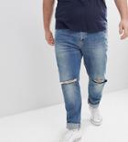 Asos Design Plus Skinny Jeans In Mid Wash With Knee Rips - Blue