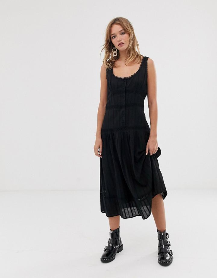 Asos Design Sleeveless Lace Insert Midi Dress With Dropped Waist-black