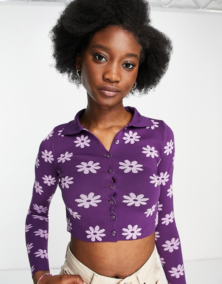 Stradivarius Floral Detail Cardigan In Purple