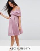 Asos Maternity Bow Front Off The Shoulder Bardot Skater Mini Dress - Purple