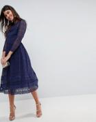 Asos Premium Lace Skater Midi Dress With Long Sleeves-navy