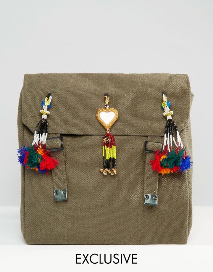 Reclaimed Vintage Pom & Tassel Backpack - Green